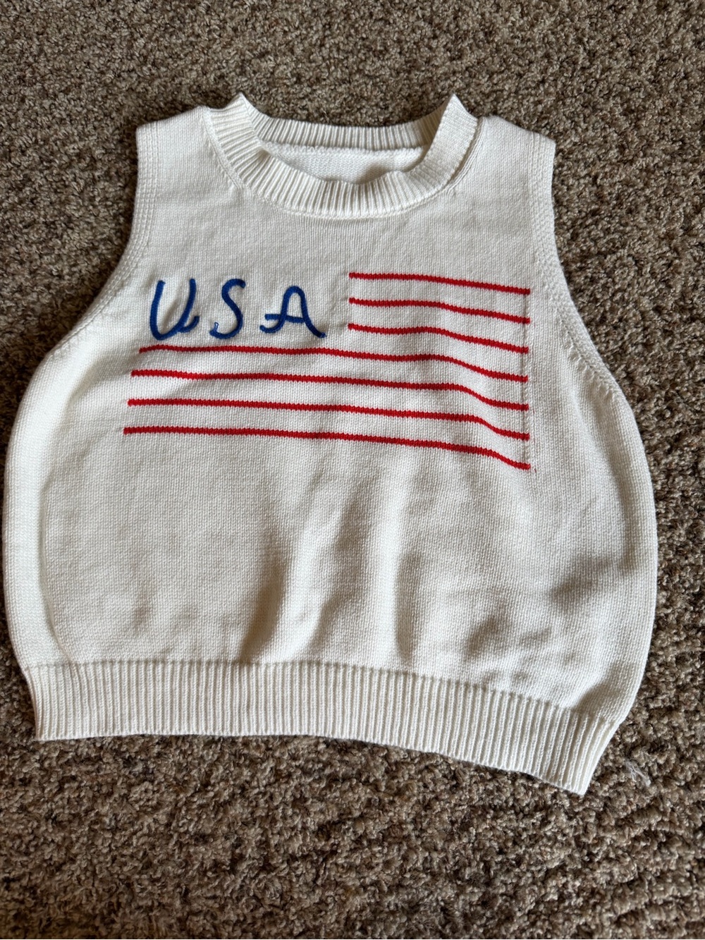 White USA Flag Knit Sweater Vest with Red & Blue Accent
